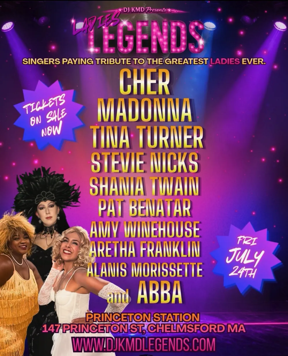 Ladies Legends show poster — neon marquee lettering over a purple stage with a disco ball, spotlights, and tribute artists as Tina Turner, Cher, and Madonna