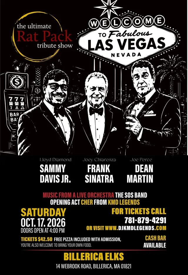 The Ultimate Rat Pack Tribute Show poster, Saturday October 17, Billerica Elks